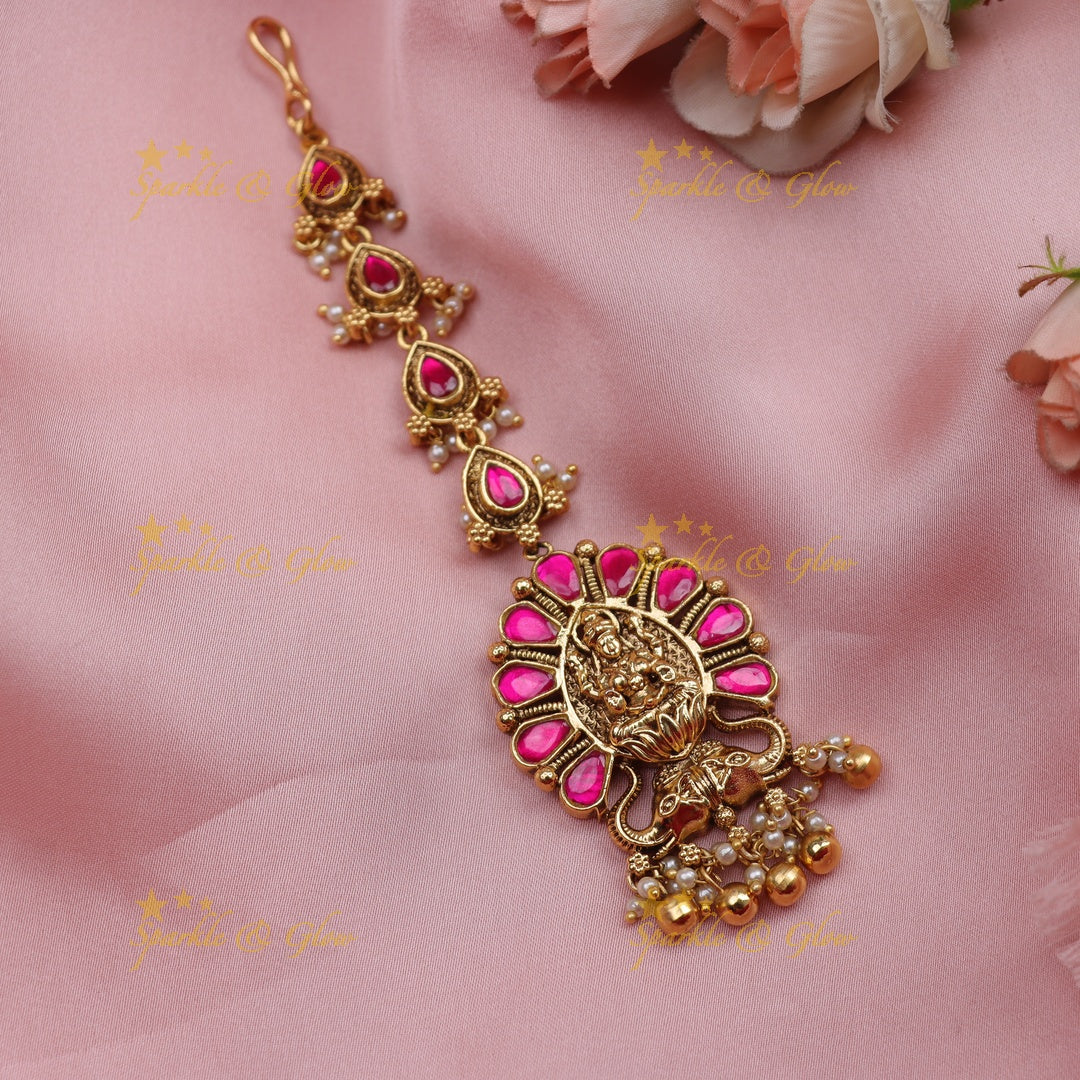 Stunning Jadau Traditional Temple Maang Tikka with Lakshmi Pendant & Pink Stone Work