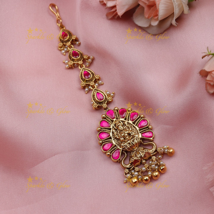 Stunning Jadau Traditional Temple Maang Tikka with Lakshmi Pendant & Pink Stone Work