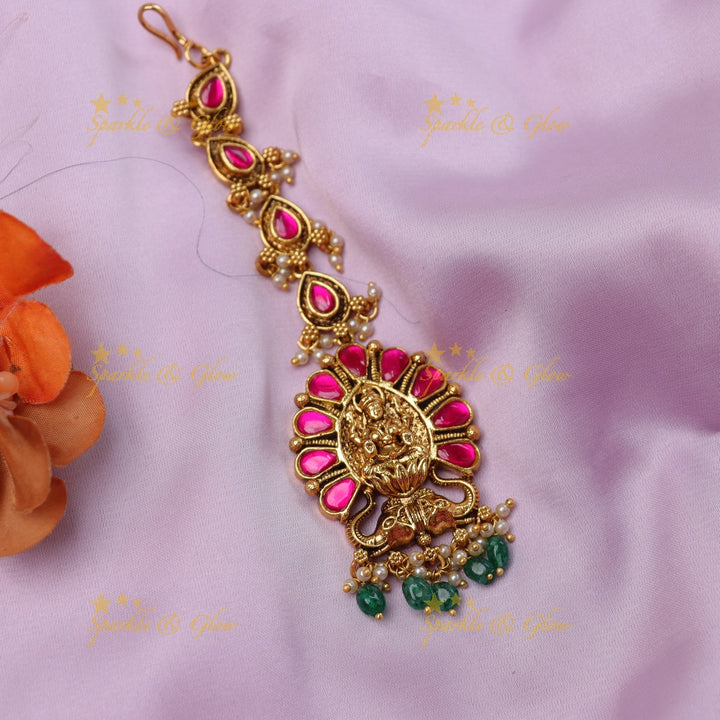 Stunning Jadau Traditional Temple Maang Tikka with Lakshmi Pendant & Pink Stone Work