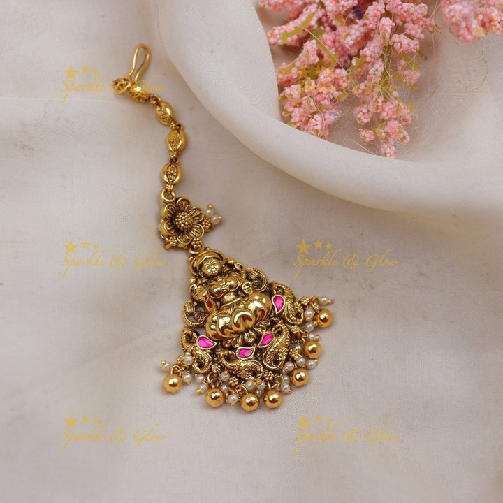 Stunning Jadau Antique Gold alike Temple Maang Tikka with Lakshmi Pendant & Pearl Drops