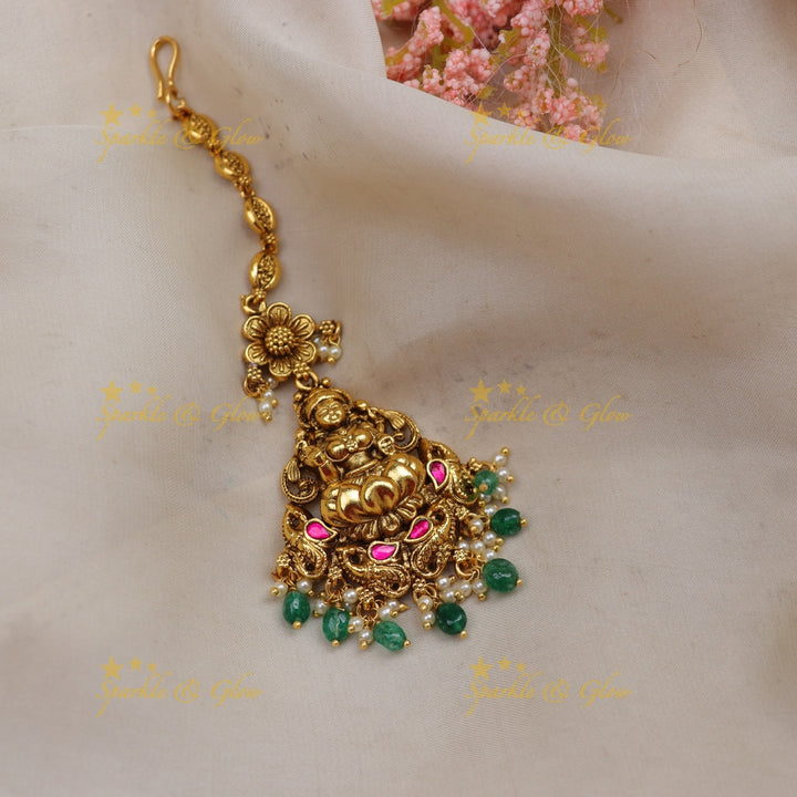Stunning Jadau Antique Gold alike Temple Maang Tikka with Lakshmi Pendant & Pearl Drops