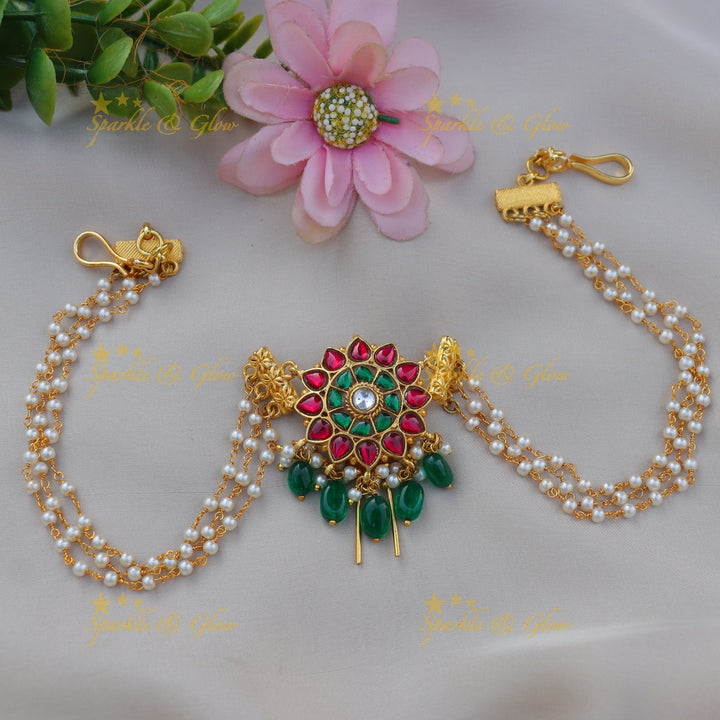 Stunning Jadau Kundan Sunflower design Jadabilla with Pearl chains and Green bead Drops
