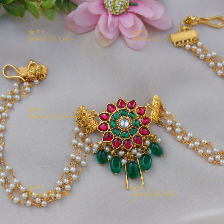 Stunning Jadau Kundan Sunflower design Jadabilla with Pearl chains and Green bead Drops