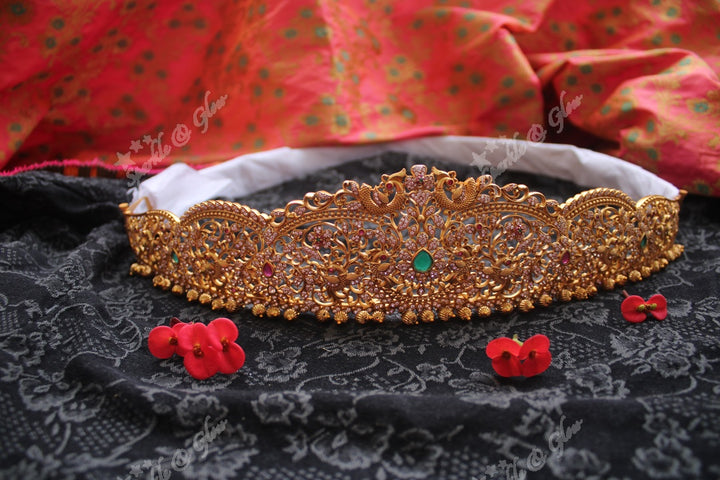 Premium quality matte cz stones peacock carved hipbelt