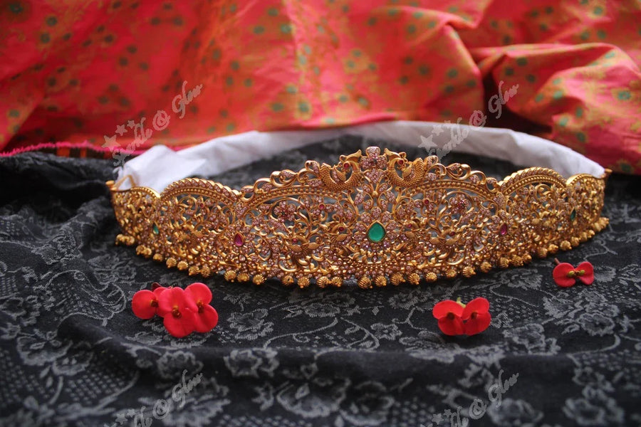 Premium quality matte cz stones peacock carved hipbelt - Sparkle and Glow