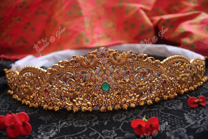 Premium quality matte cz stones peacock carved hipbelt