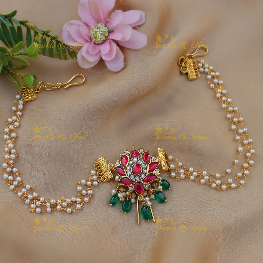 Stunning Jadau Kundan Lotus Design Jadabilla with Pearl Chains and Green Beads - Sparkle and Glow