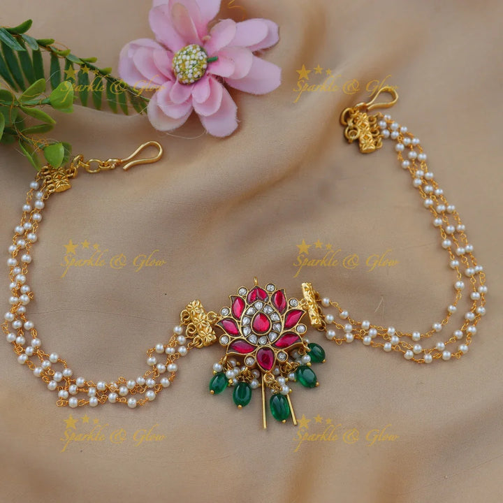 Stunning Jadau Kundan Lotus Design Jadabilla with Pearl Chains and Green Beads - Sparkle and Glow