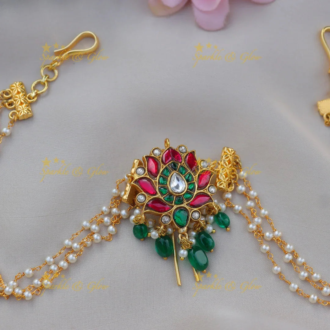 Stunning Jadau Kundan Lotus Design Jadabilla with Pearl Chains and Green Beads - Sparkle and Glow