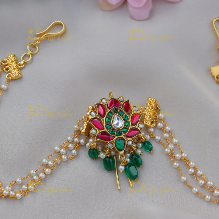 Stunning Jadau Kundan Lotus Design Jadabilla with Pearl Chains and Green Beads - Sparkle and Glow