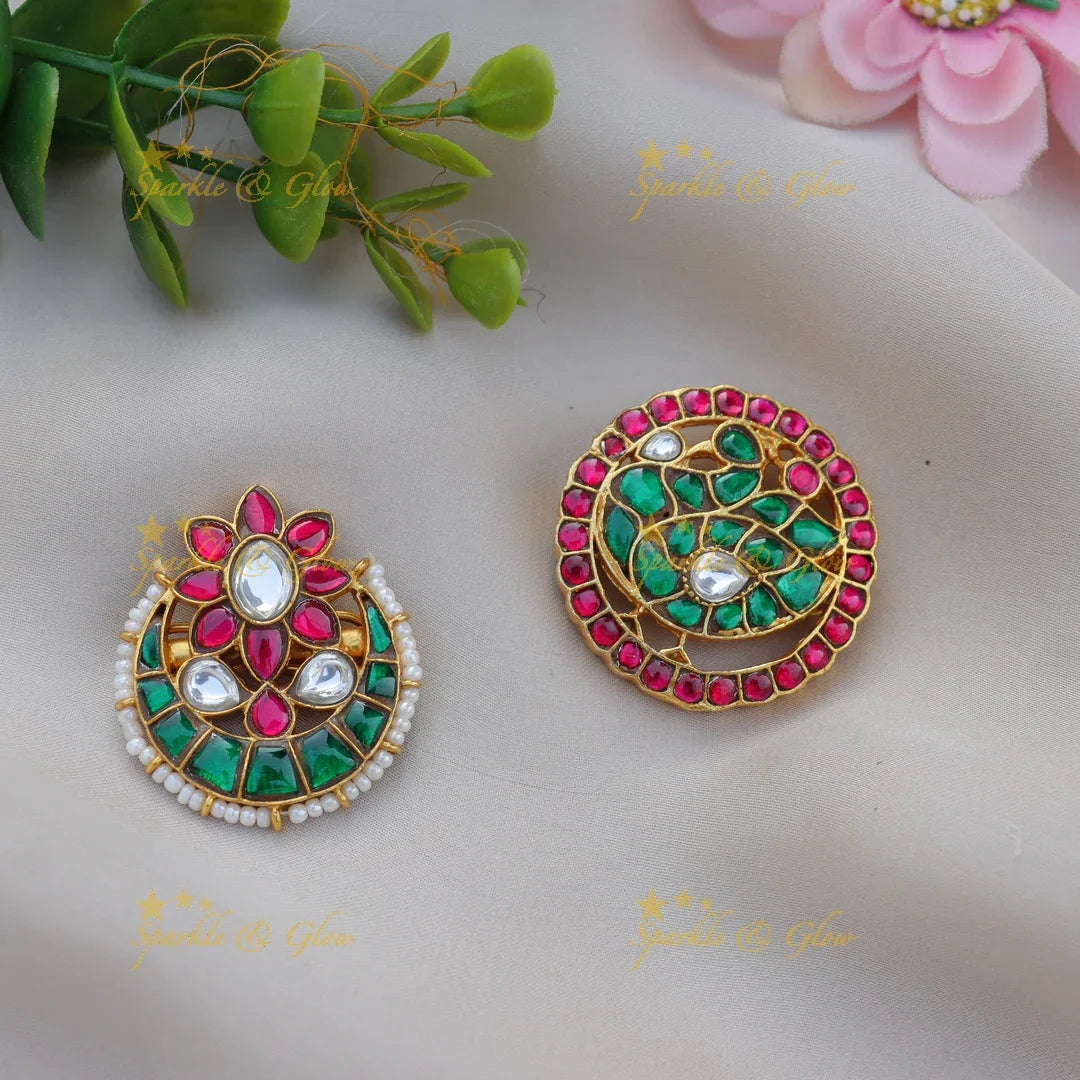 Stunning Jadau Dual Floral Peacock design Kundan Jadabilla Set – Floral & Paisley Motifs - Sparkle and Glow