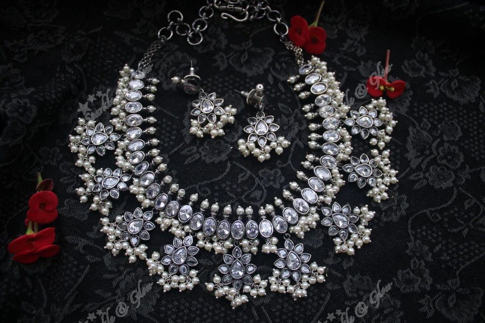 Black silver finish beautifull silver gutta pusalu necklace - Blue - Sparkle and Glow