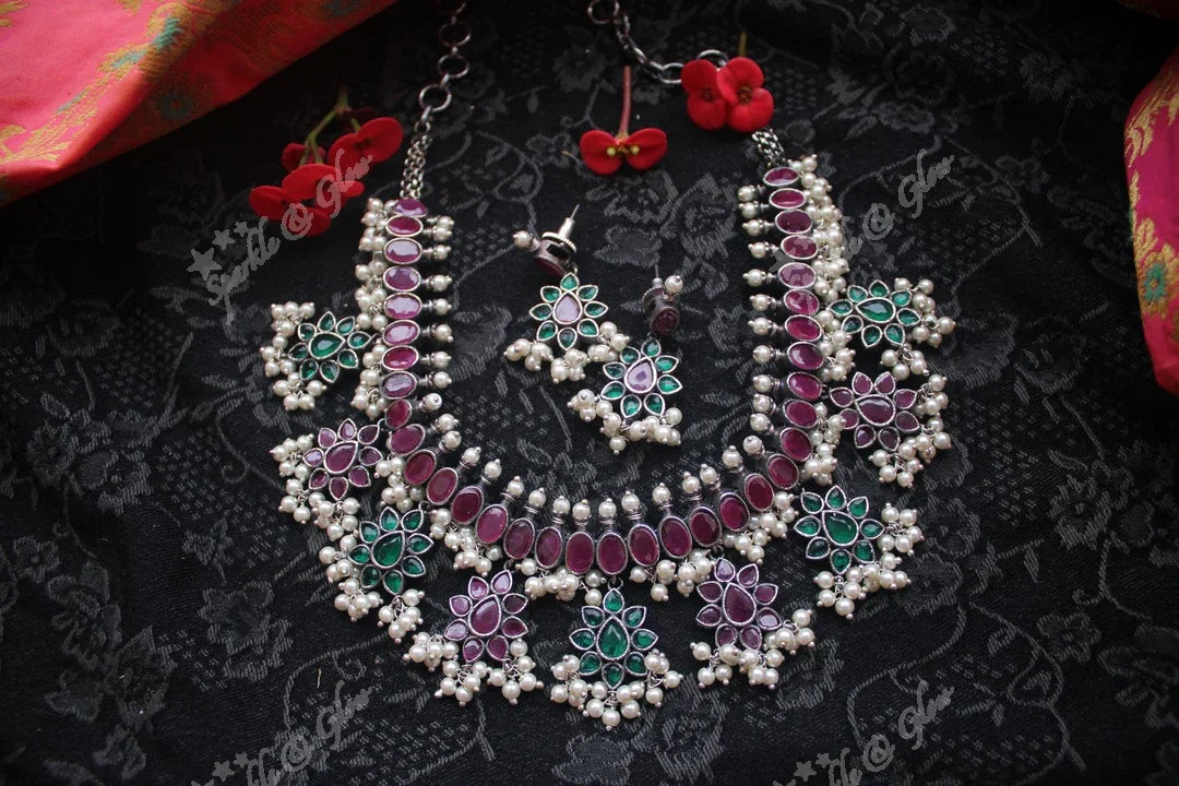Black silver finish beautifull silver gutta pusalu necklace - Blue - Sparkle and Glow