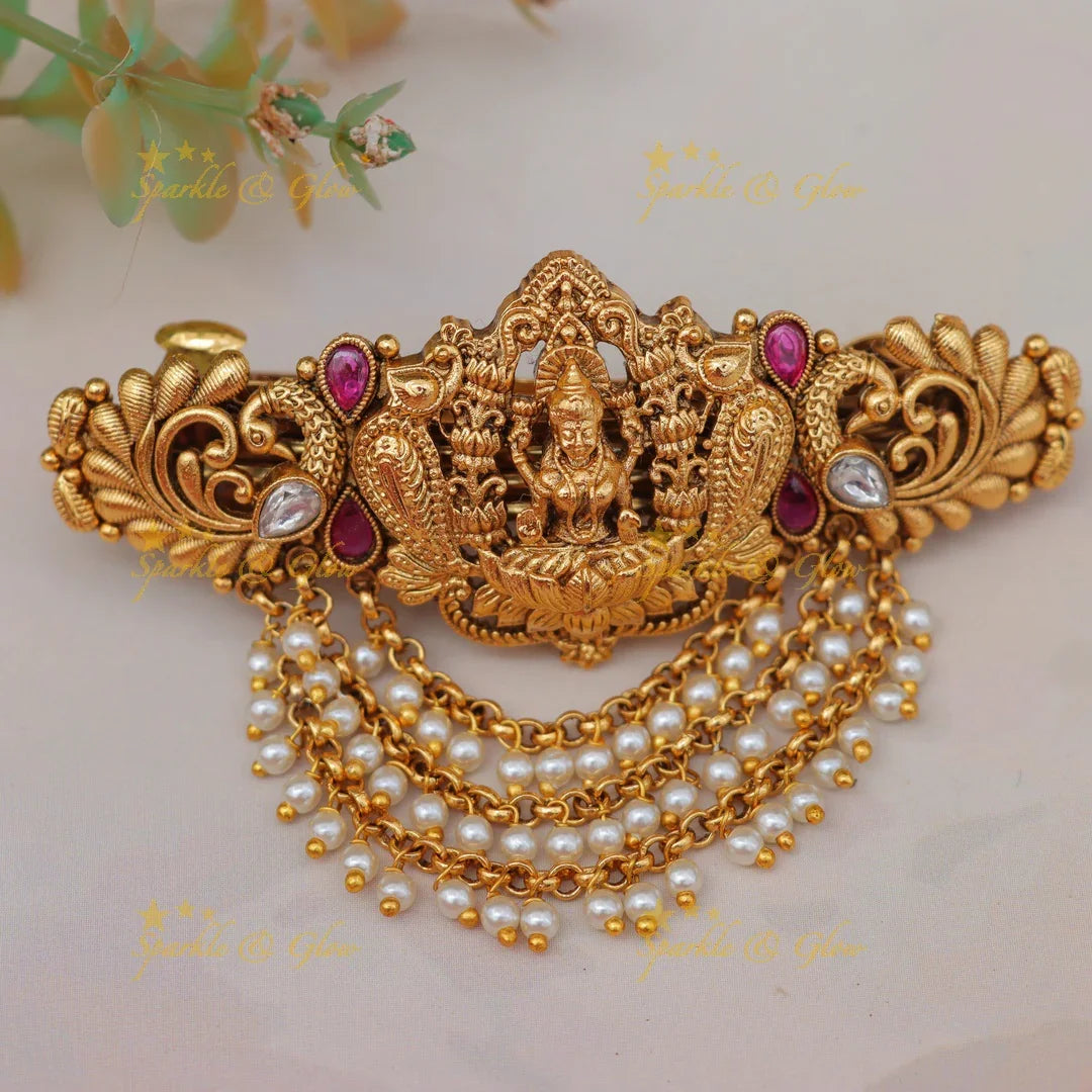 Temple Design Hair Clip with Lakshmi and Pearl Chains