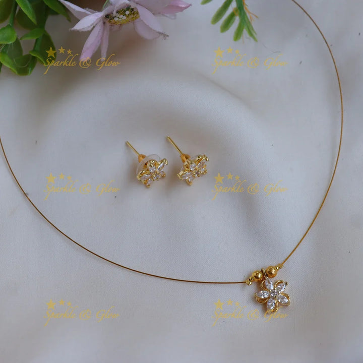 Elegant Invisible Necklace Set with Floral Pendant & Stud Earrings - Sparkle and Glow