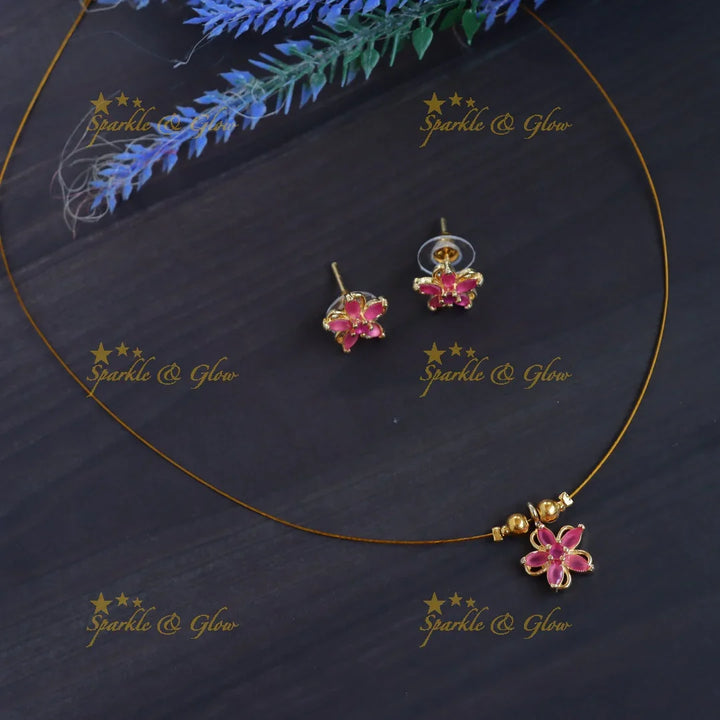 Elegant Invisible Necklace Set with Floral Pendant & Stud Earrings - Sparkle and Glow