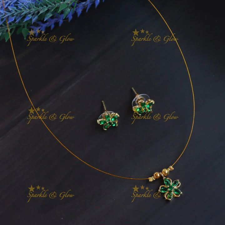 Elegant Invisible Necklace Set with Floral Pendant & Stud Earrings - Sparkle and Glow