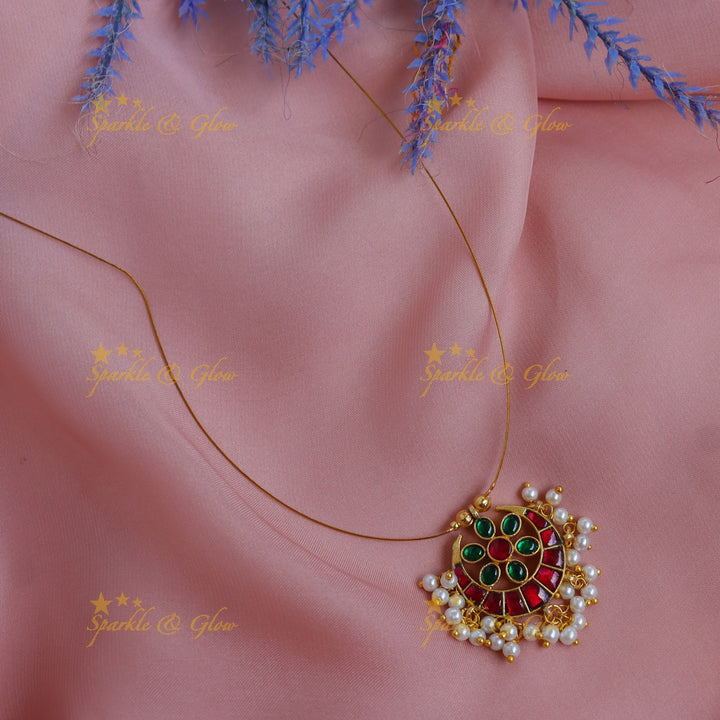 Trending Jadau Kundan Pendant carved Invisible Necklace with Pearl Drops