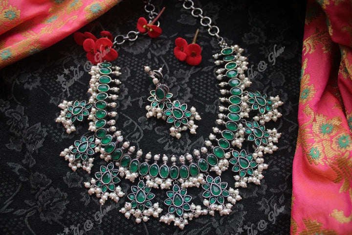 Black silver finish beautifull silver gutta pusalu necklace - Blue - Sparkle and Glow