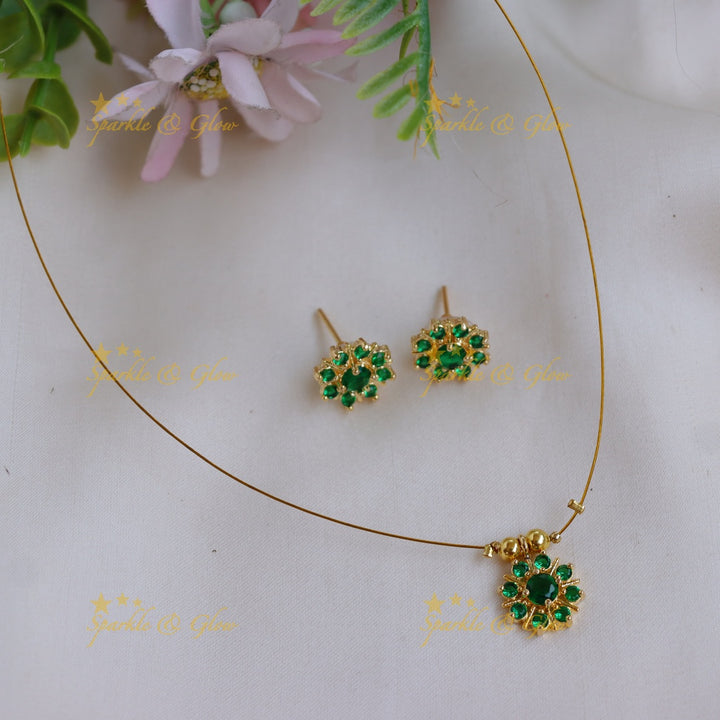 Elegant Stone Floral Pendant Invisible Necklace Set with Stud Earrings