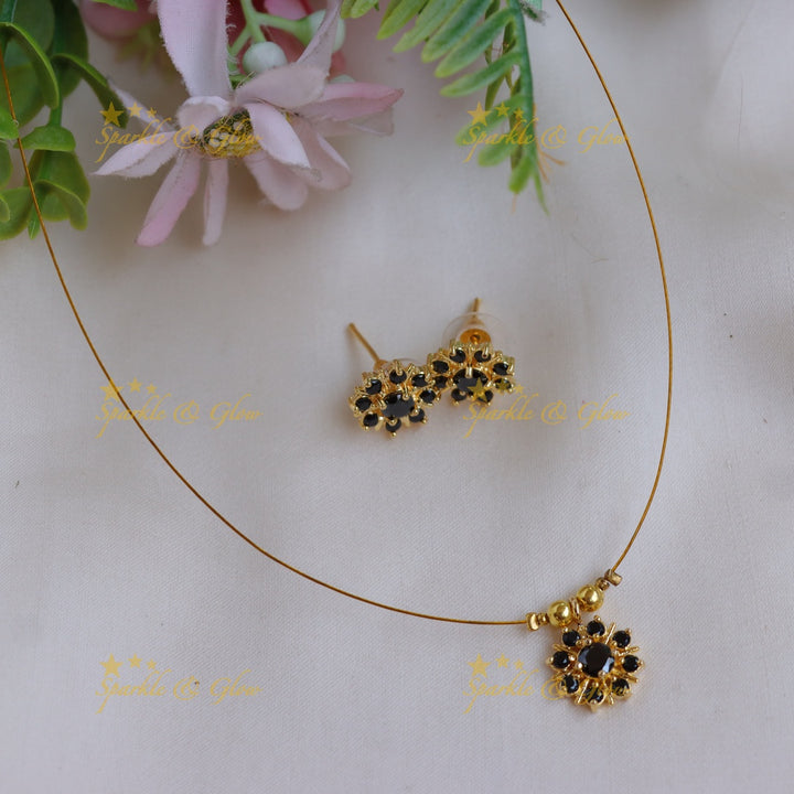 Elegant Stone Floral Pendant Invisible Necklace Set with Stud Earrings