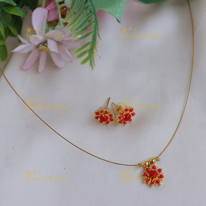 Elegant Stone Floral Pendant Invisible Necklace Set with Stud Earrings