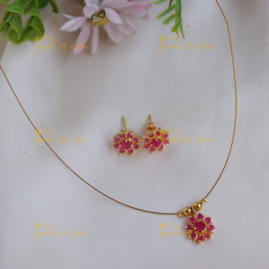Elegant Stone Floral Pendant Invisible Necklace Set with Stud Earrings