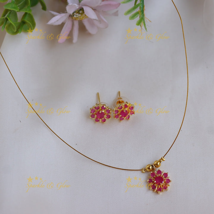 Elegant Stone Floral Pendant Invisible Necklace Set with Stud Earrings