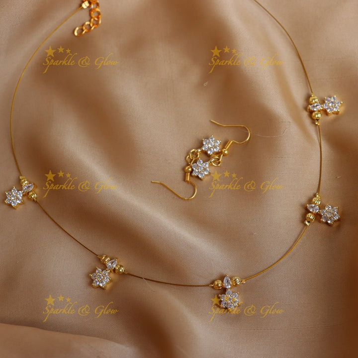Elegant Stone Cluster Star Pendant Invisible Necklace Set with Drop Earrings