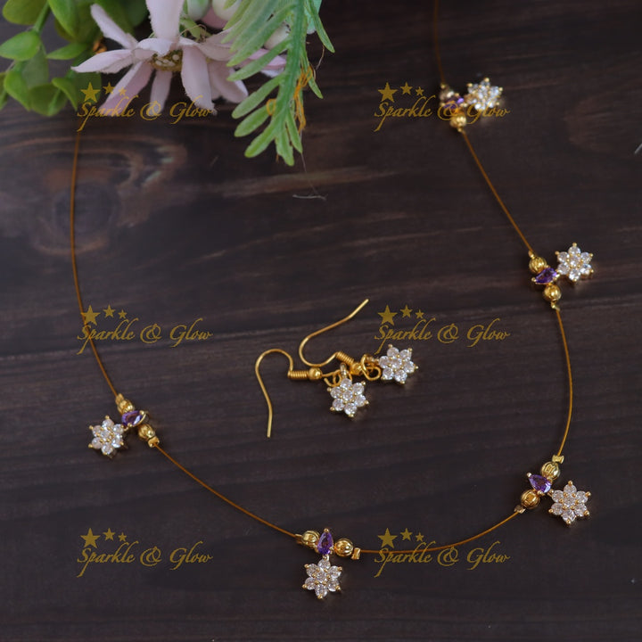 Elegant Stone Cluster Star Pendant Invisible Necklace Set with Drop Earrings