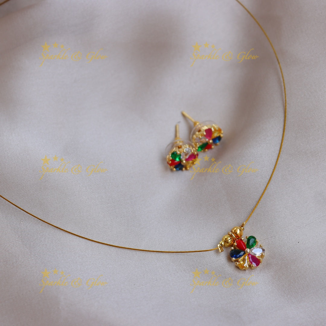 Stunning Colorful Floral Pendant Invisible Necklace with Matching Studs