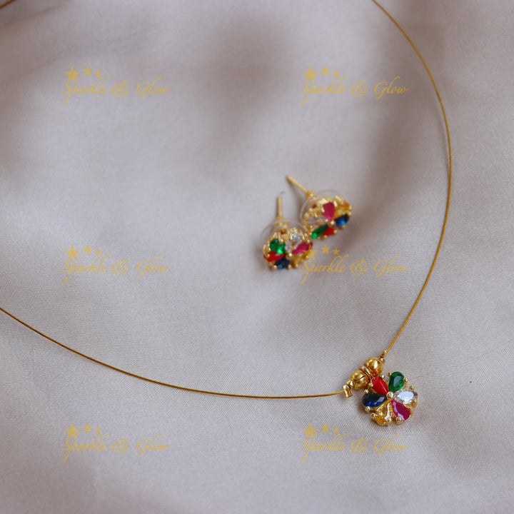 Stunning Colorful Floral Pendant Invisible Necklace with Matching Studs