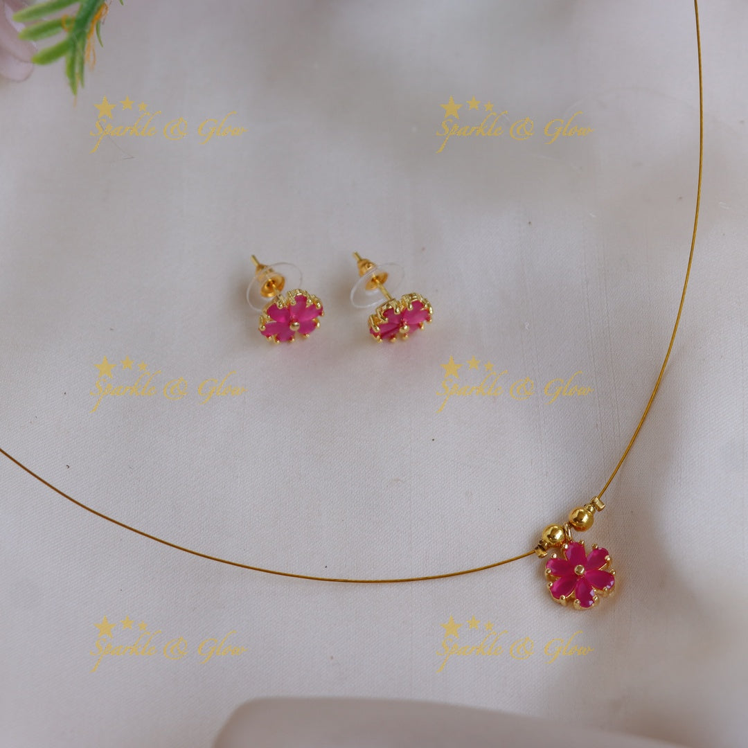 Stunning Colorful Floral Pendant Invisible Necklace with Matching Studs