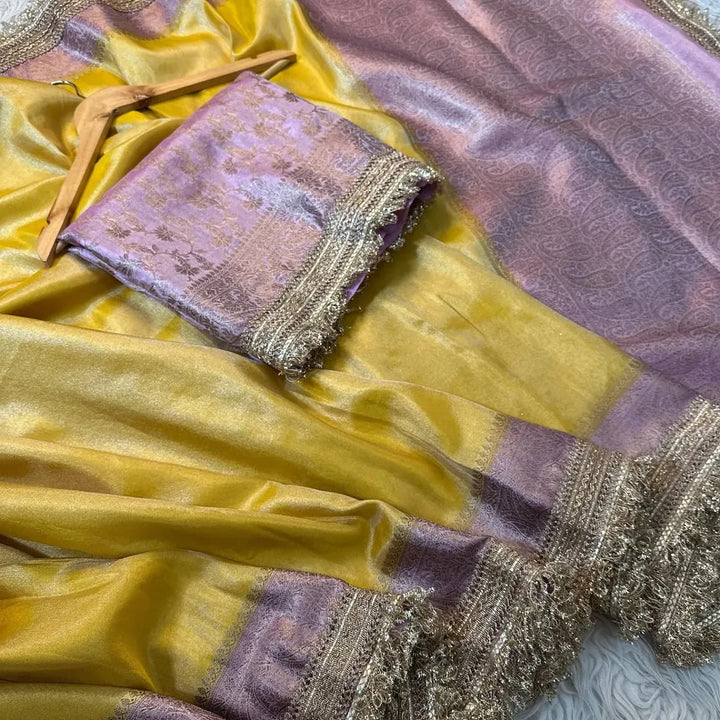 Banarasi tissue Katan saree beautiful Zari weaving with lace attached border