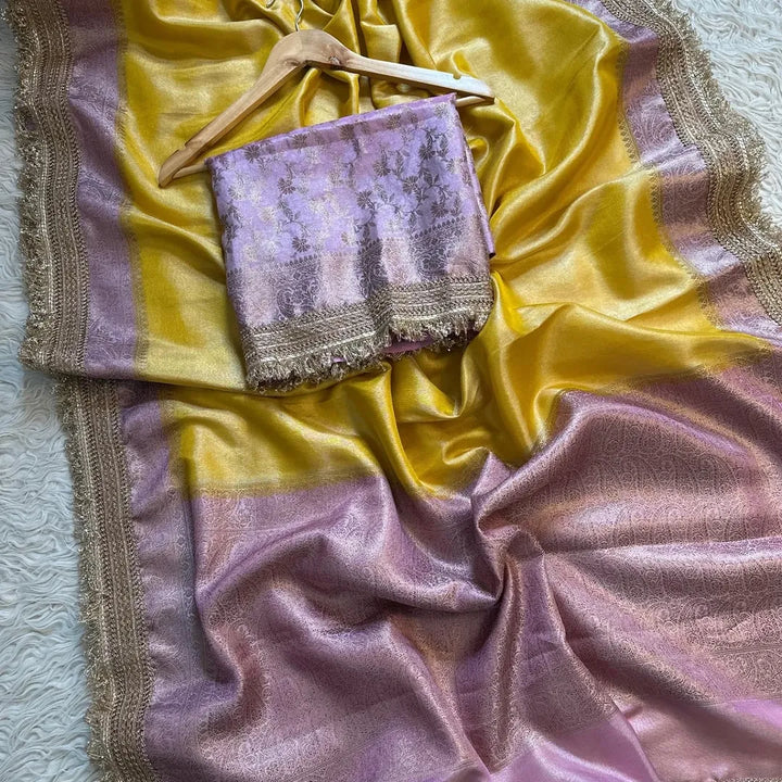 Banarasi tissue Katan saree beautiful Zari weaving with lace attached border
