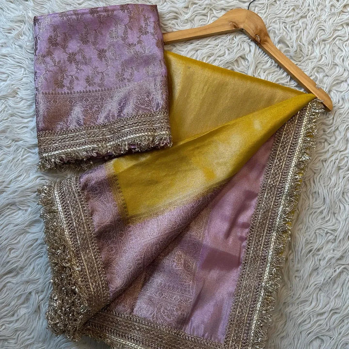 Banarasi tissue Katan saree beautiful Zari weaving with lace attached border