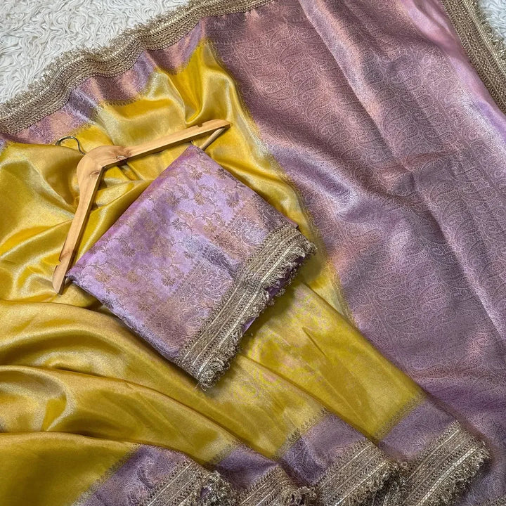 Banarasi tissue Katan saree beautiful Zari weaving with lace attached border