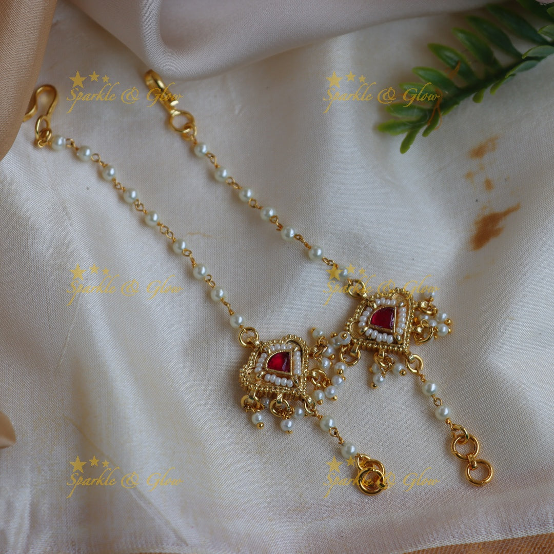 Sparkling Pachi Kundan Jadau Ear Chains with Pearl Droplets
