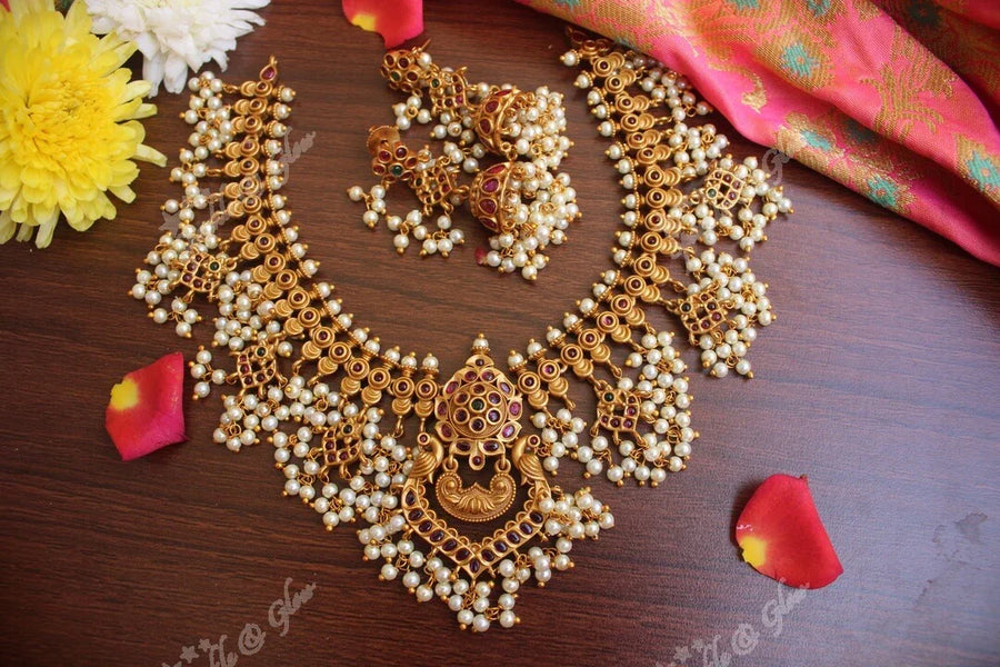 Premium quality matte peacock style gutta pusalu necklace with kemp stones - Sparkle and Glow