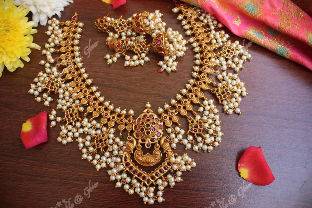 Premium quality matte peacock style gutta pusalu necklace with kemp stones - Sparkle and Glow