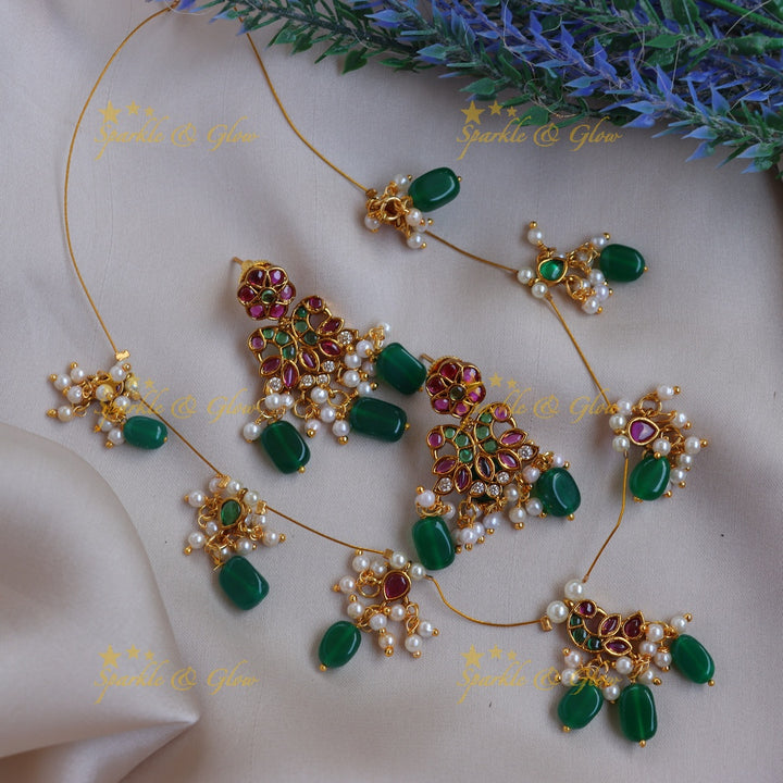 Stunning Peacock-Inspired kemp invisible Necklace Set with Green Beads