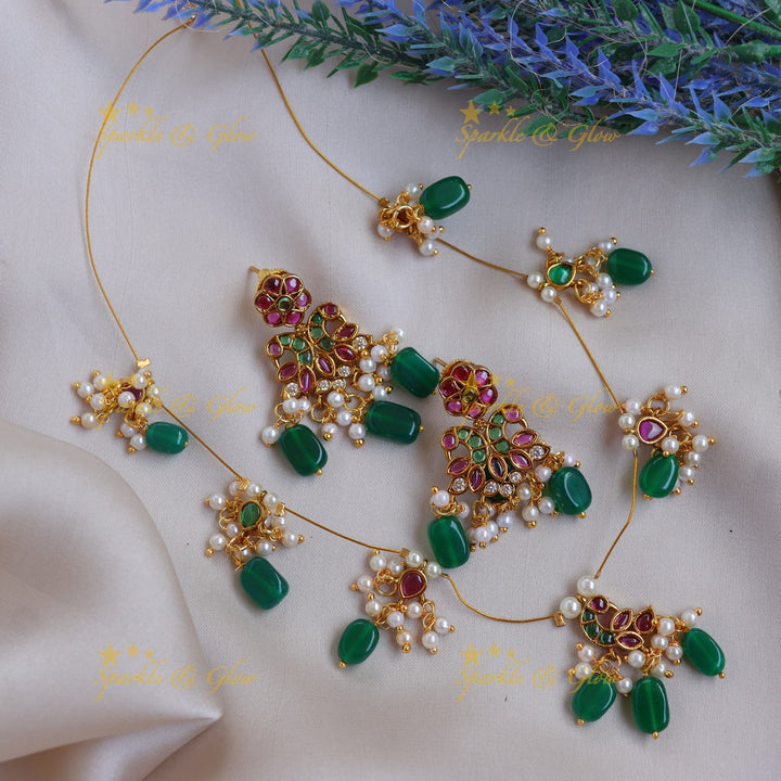 Stunning Peacock-Inspired kemp invisible Necklace Set with Green Beads