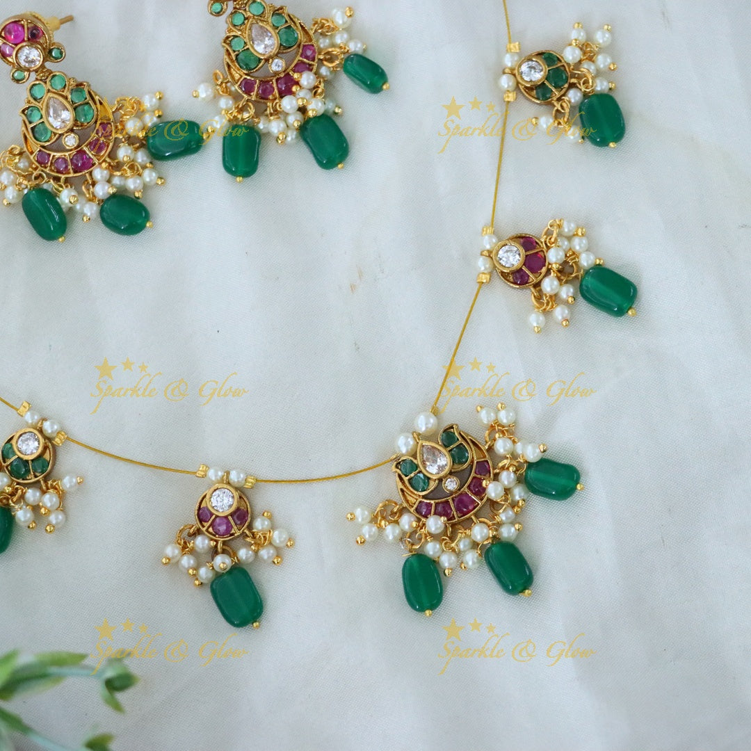 Peacock Style Kemp Necklace Set with Green Beads