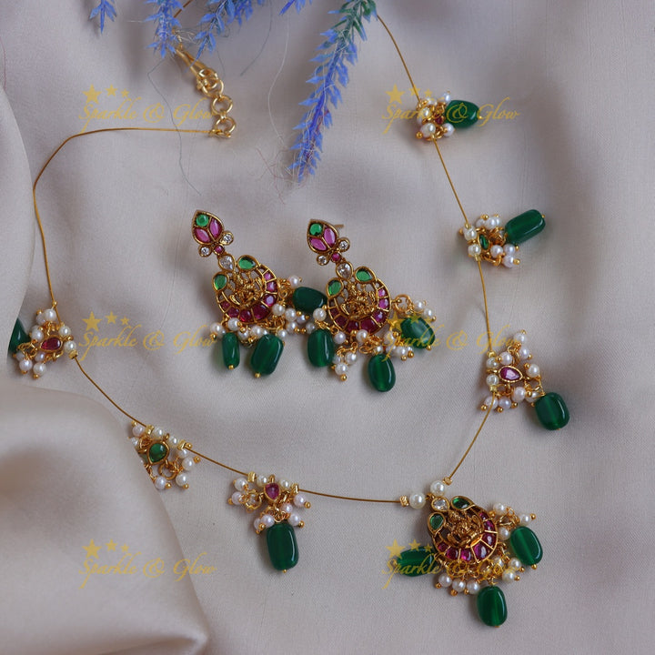 Elegant Lakshmi Floral carved Invisible Necklace set with Green Beads & Pearls