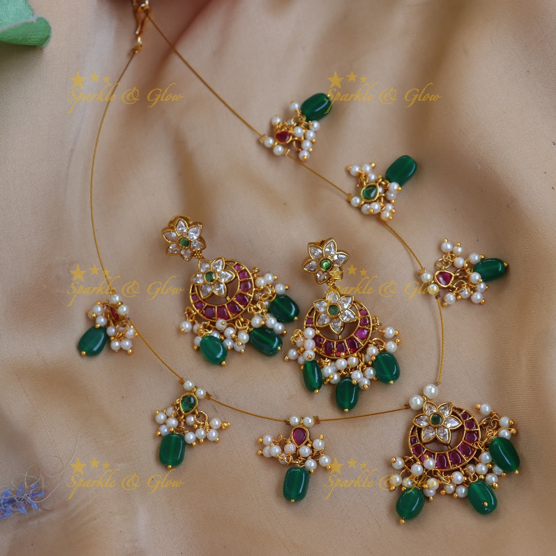 Stunning Floral Top Kemp Necklace Set with Green Beads