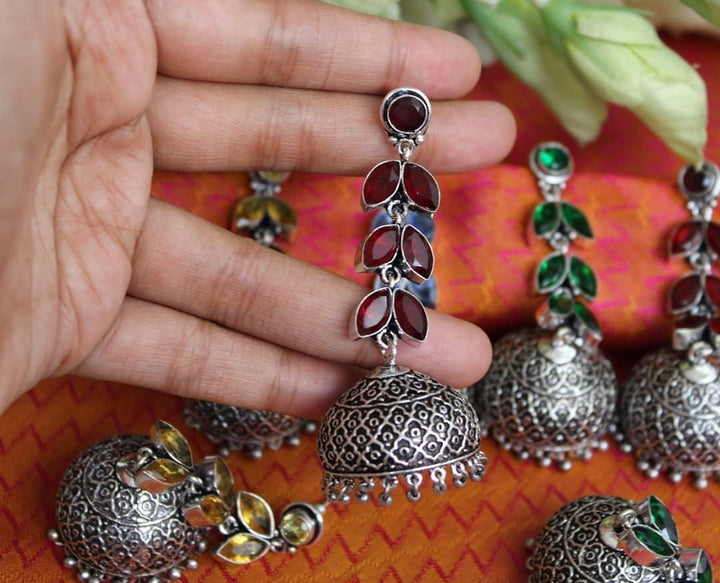 Yellow Long Leaf Stone Jhumukas Earrings