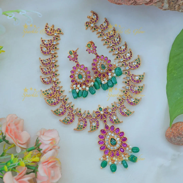 Elegant Kemp Peacock Design Antique Gold alike Necklace Set with Green Beads - Sparkle and Glow