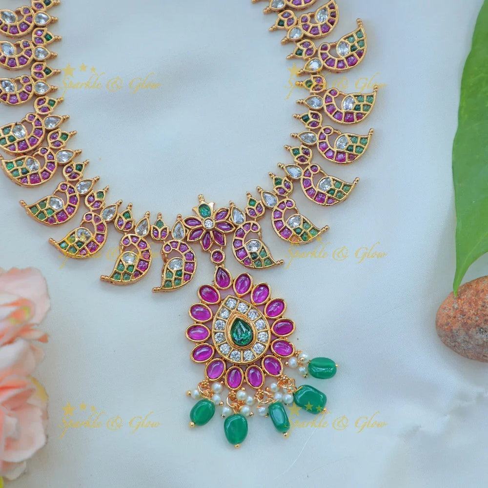 Elegant Kemp Peacock Design Antique Gold alike Necklace Set with Green Beads - Sparkle and Glow