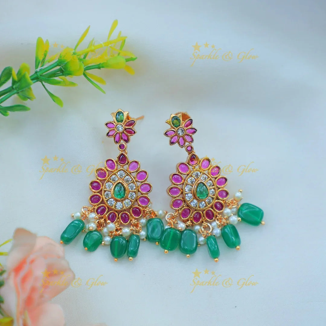 Elegant Kemp Peacock Design Antique Gold alike Necklace Set with Green Beads - Sparkle and Glow