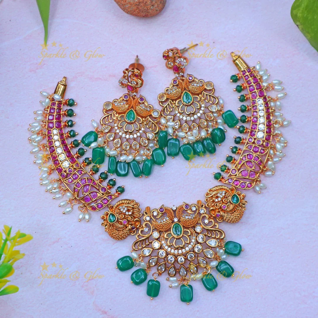 Stunning Antique Gold alike Peacock Floral Kanti Hasli Necklace Set with Green Beads - Sparkle and Glow